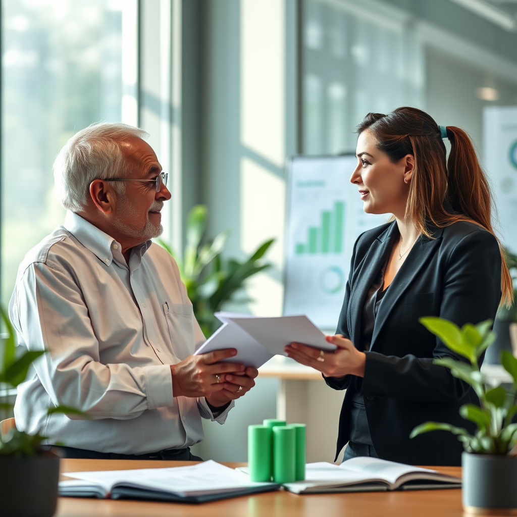 Depict a mentorship moment where an older colleague shares advice with a younger professional. The setting should feature elements of growth, such as charts representing progress and learning materials. A balance of natural and artificial lighting enhances depth. The color scheme focuses on greens and blues, evoking a sense of tranquility and growth. The emphasis is on the sharing of wisdom and the continuous journey of learning.